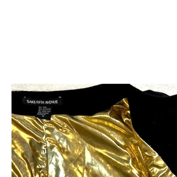 SAKS FIFTH AVENUE Black Cropped Short Blazer Shrug Gold Lined Beaded Wool - Picture 9 of 13